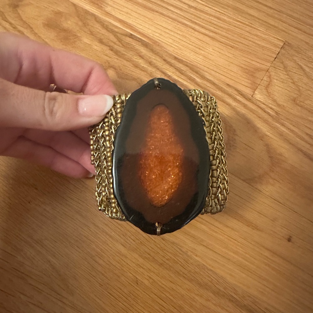 Gold Chain Cuff Bracelet with Amber Agate Center